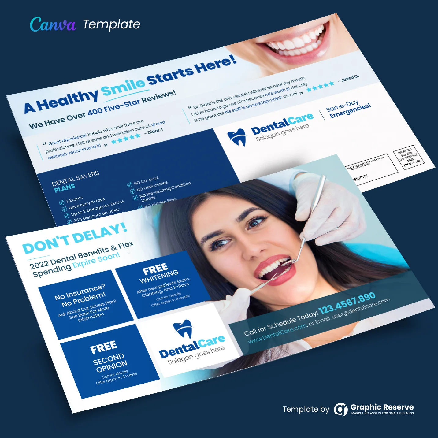 Dental Direct mail Postcard Design Canva Template