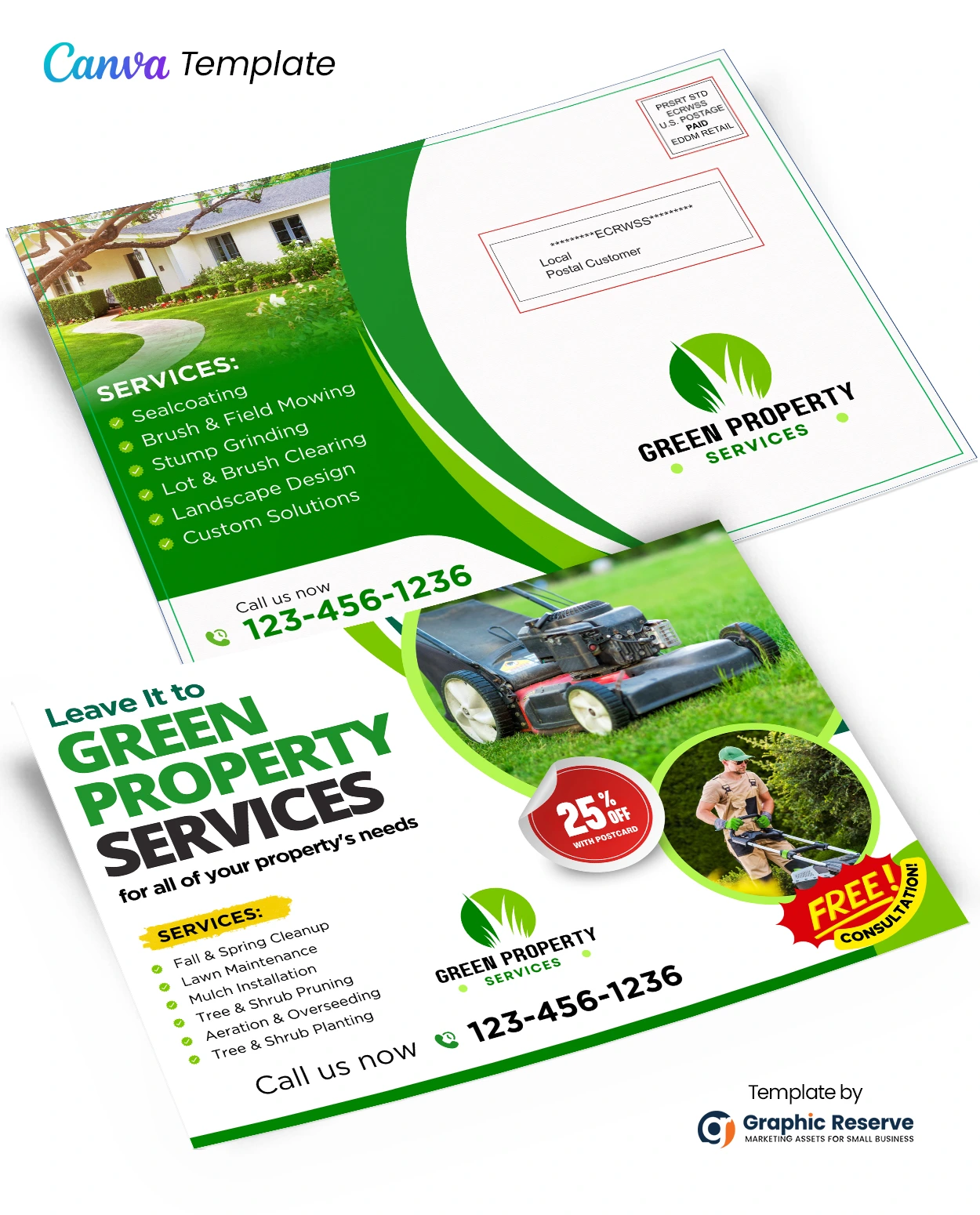 Green Property Services Lawn Care Landscaping EDDM Canva Postcard Template