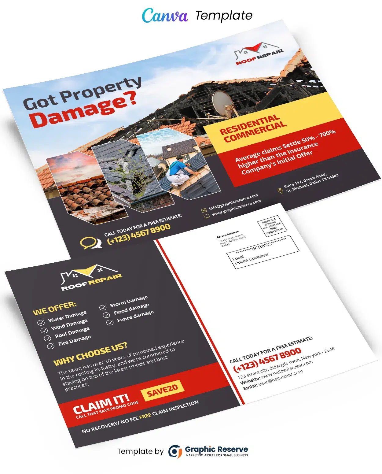 Property Damage Roofing Direct Mail EDDM Canva template